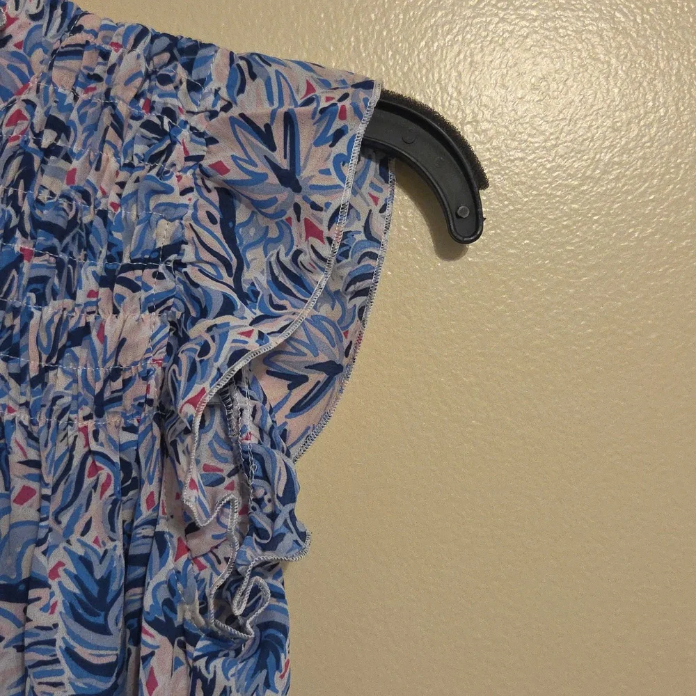 Simply Southern Blue & Pink Leaf Patterned Flowy Smocked Dress Size Youth Small